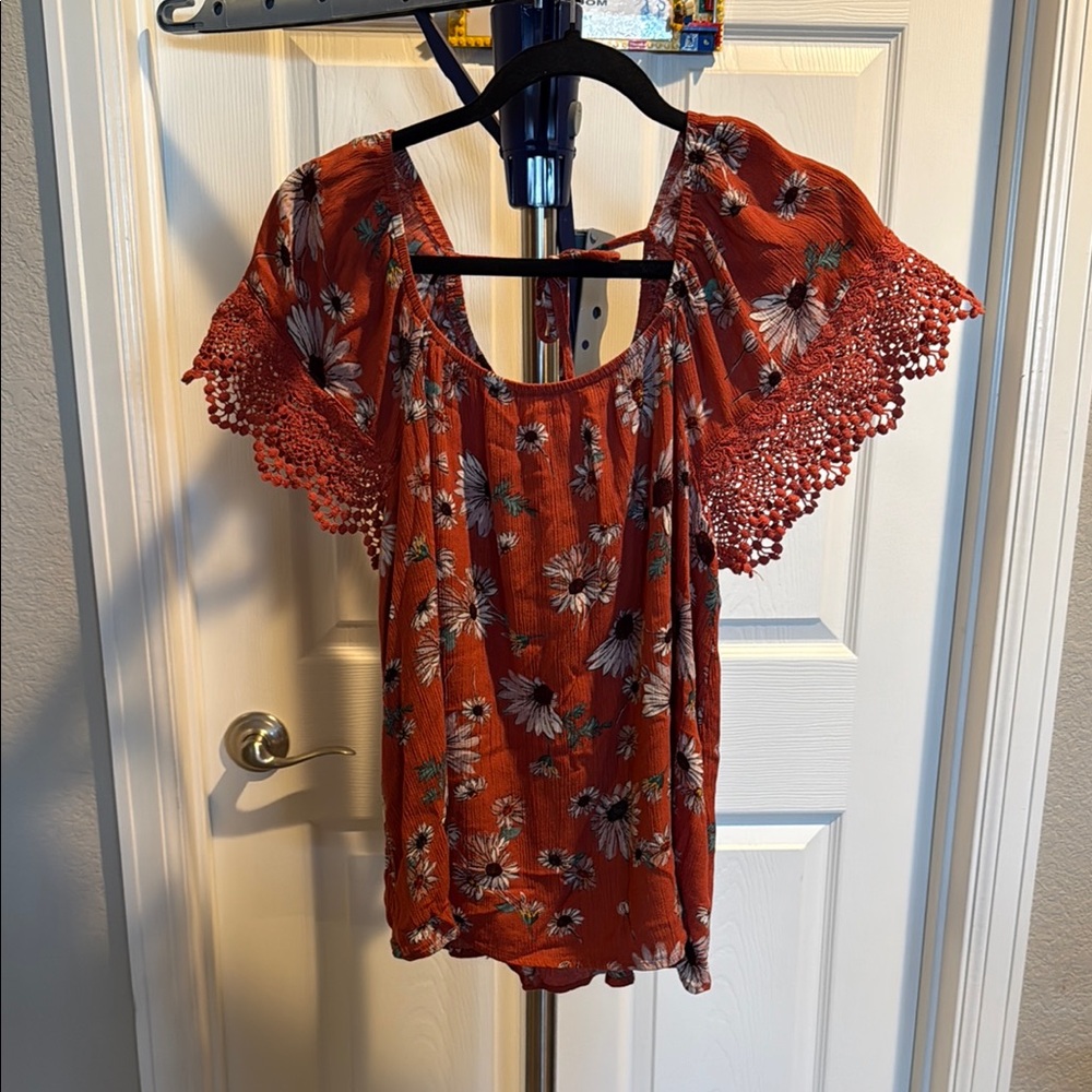 Maurices Orange Ruffled Blouse with Crochet Sleeves. Size Large